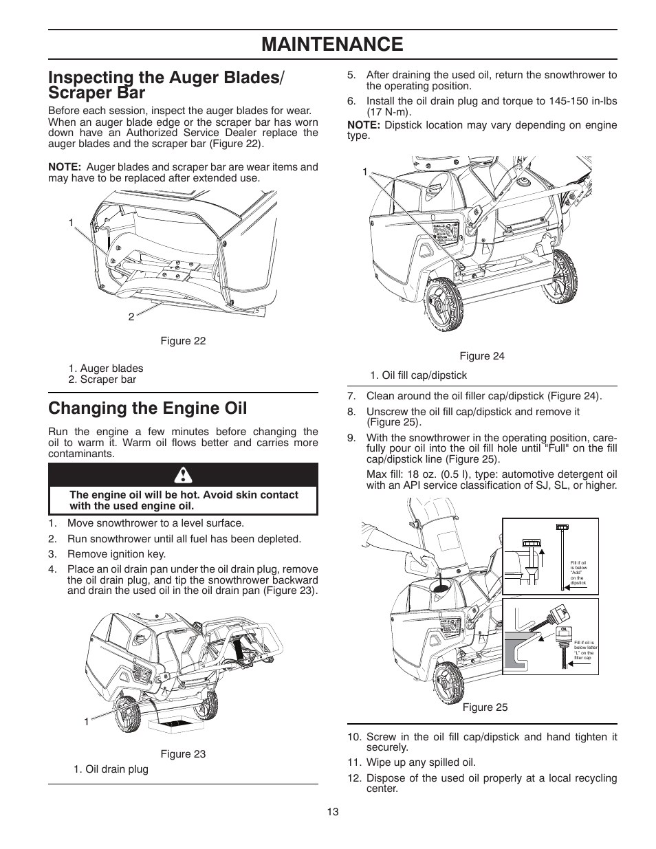 Maintenance, Inspecting the auger blades/ scraper bar, Changing the engine oil | Husqvarna Walk-Behind Snow Thrower ST 121E/96183000100 User Manual | Page 13 / 40