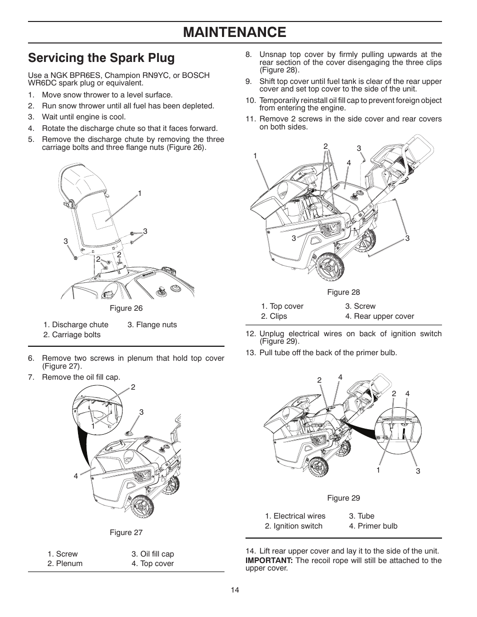 Maintenance, Servicing the spark plug | Husqvarna Walk-Behind Snow Thrower ST 121E/96183000100 User Manual | Page 14 / 40