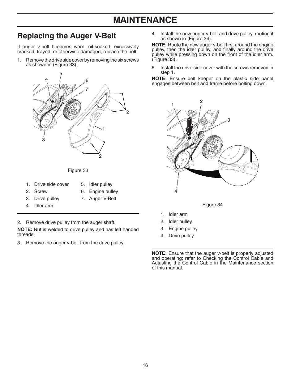 Maintenance, Replacing the auger v-belt | Husqvarna Walk-Behind Snow Thrower ST 121E/96183000100 User Manual | Page 16 / 40