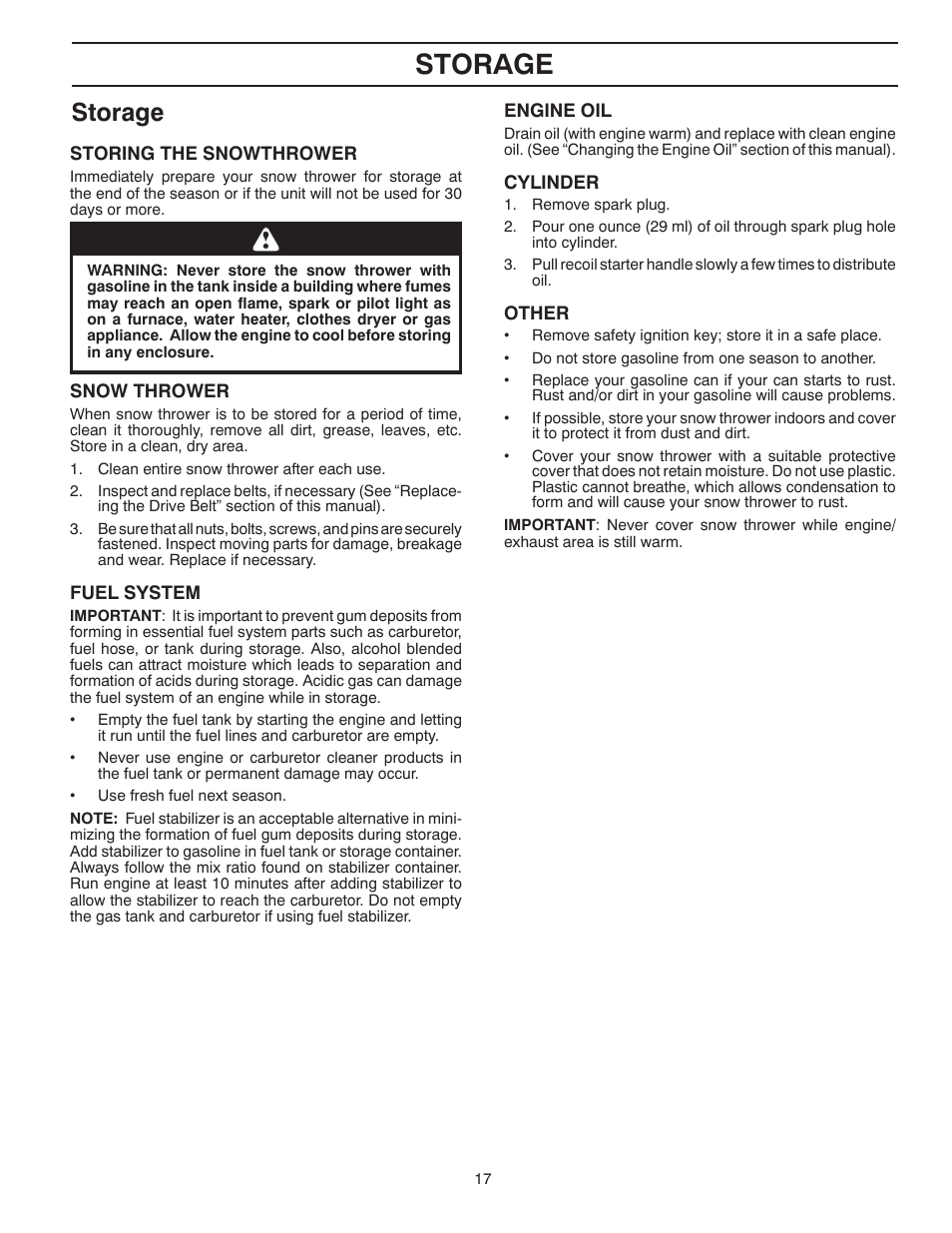 Storage | Husqvarna Walk-Behind Snow Thrower ST 121E/96183000100 User Manual | Page 17 / 40