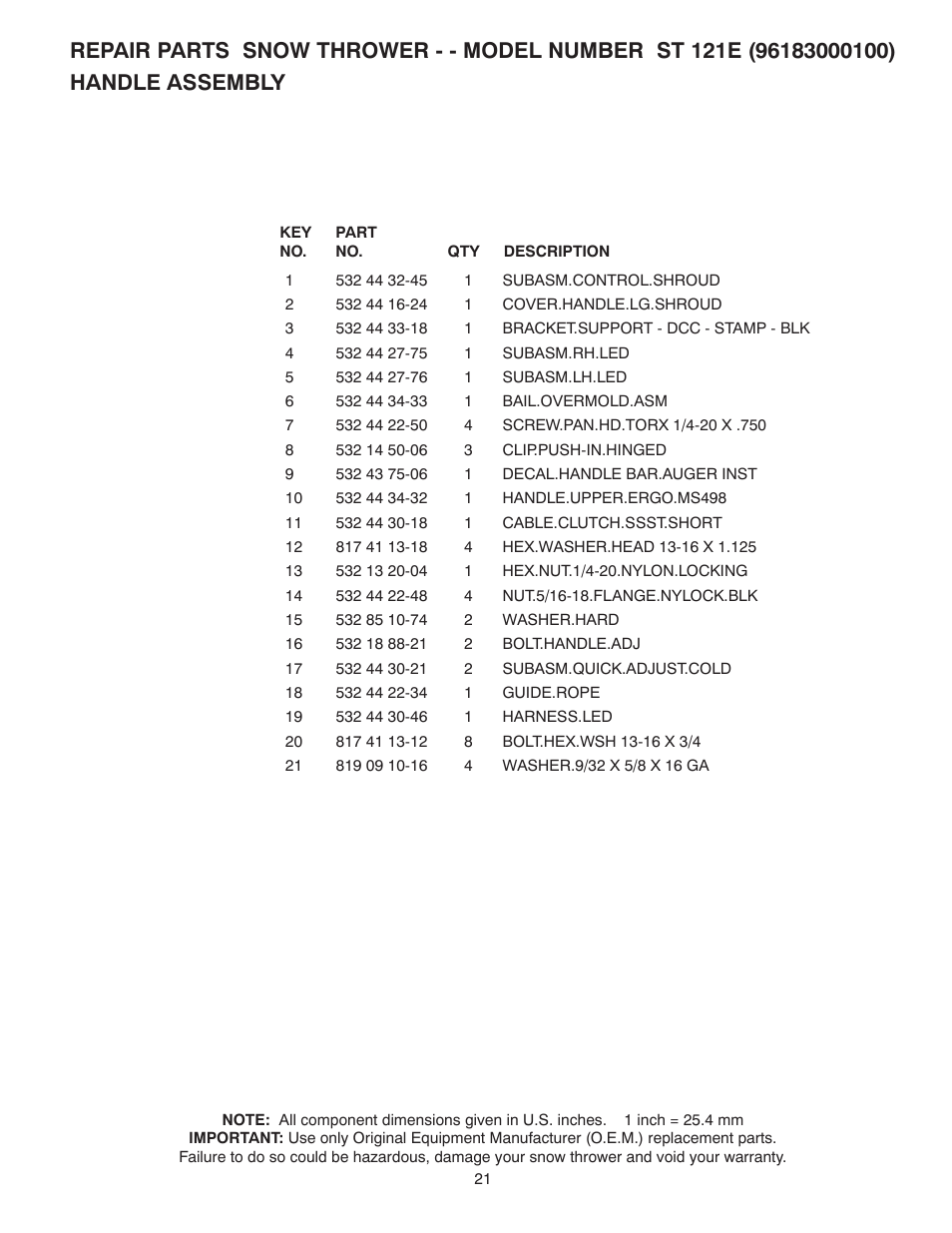 Husqvarna Walk-Behind Snow Thrower ST 121E/96183000100 User Manual | Page 21 / 40