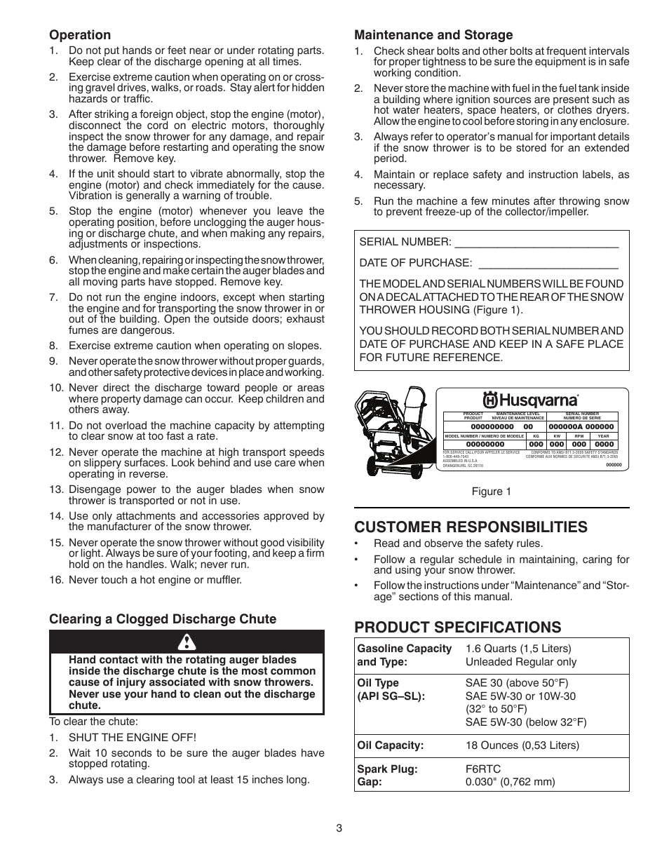 Customer responsibilities, Product specifications, Operation | Clearing a clogged discharge chute, Maintenance and storage | Husqvarna Walk-Behind Snow Thrower ST 121E/96183000100 User Manual | Page 3 / 40