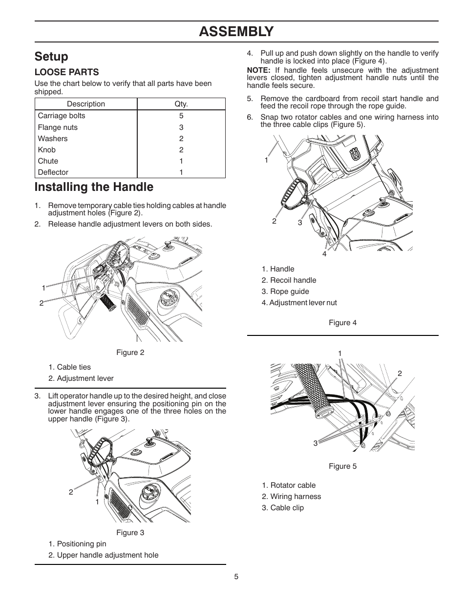 Assembly, Setup, Installing the handle | Husqvarna Walk-Behind Snow Thrower ST 121E/96183000100 User Manual | Page 5 / 40