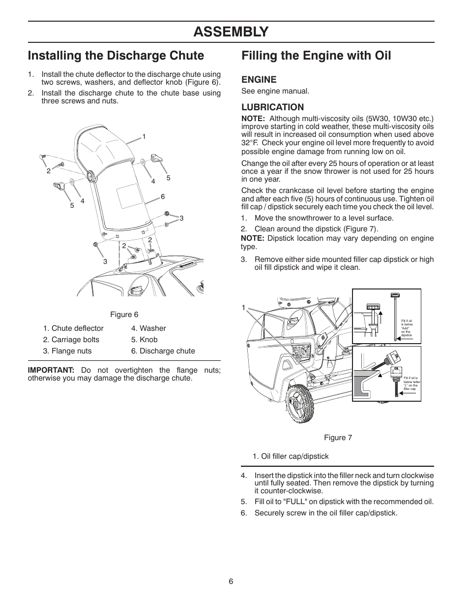 Assembly, Installing the discharge chute, Filling the engine with oil | Husqvarna Walk-Behind Snow Thrower ST 121E/96183000100 User Manual | Page 6 / 40