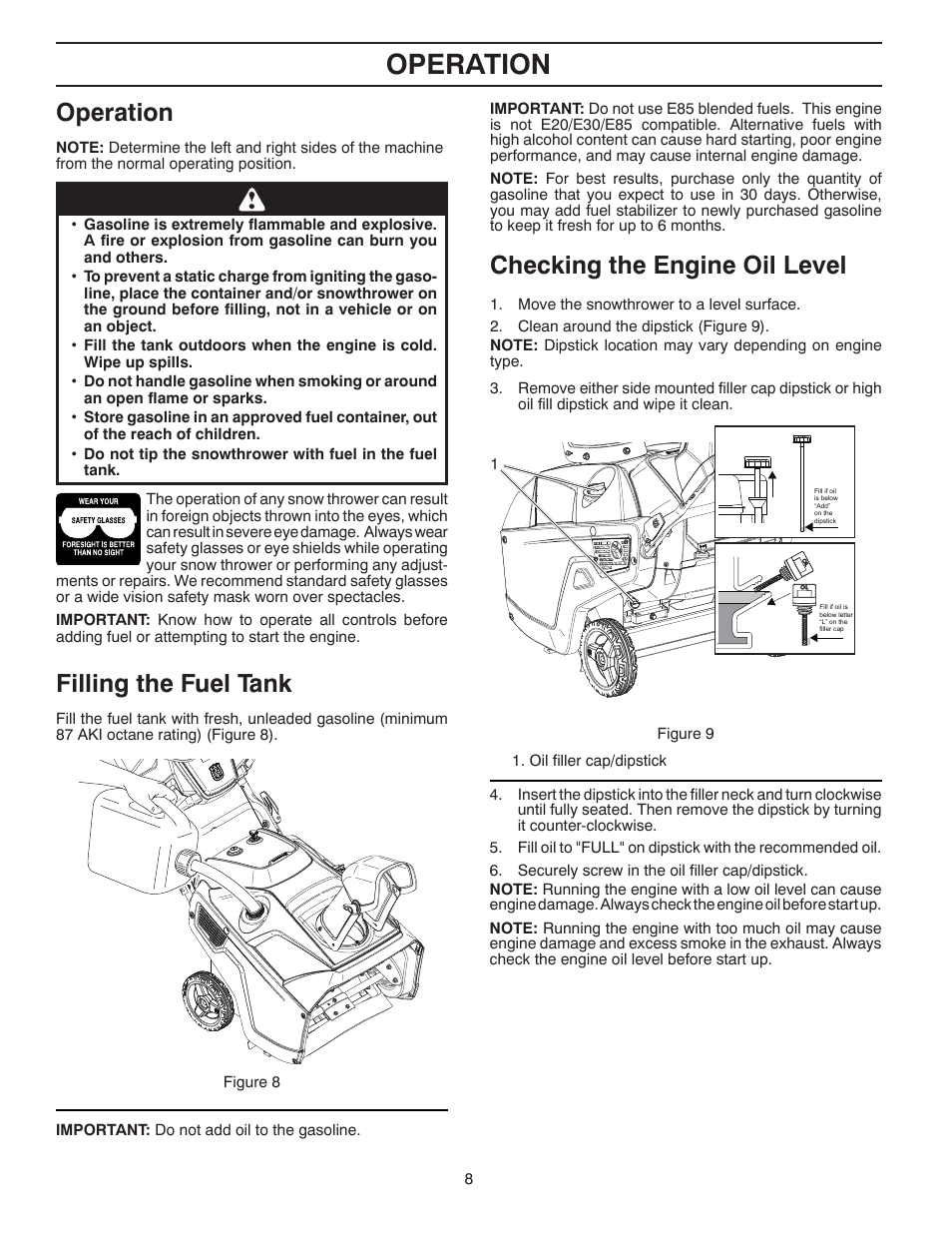 Operation, Filling the fuel tank, Checking the engine oil level | Husqvarna Walk-Behind Snow Thrower ST 121E/96183000100 User Manual | Page 8 / 40