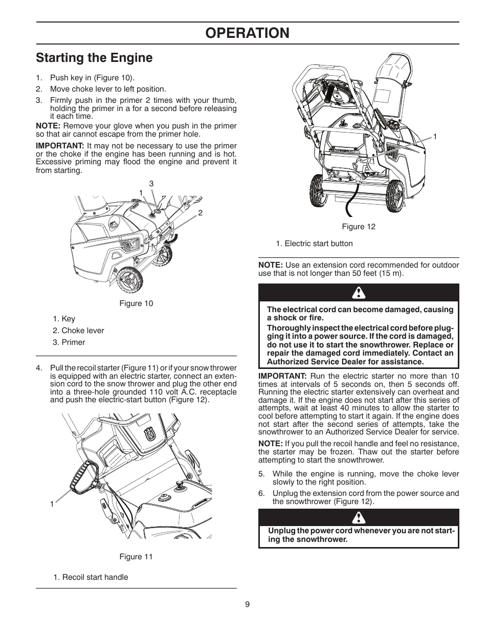 Operation, Starting the engine | Husqvarna Walk-Behind Snow Thrower ST 121E/96183000100 User Manual | Page 9 / 40