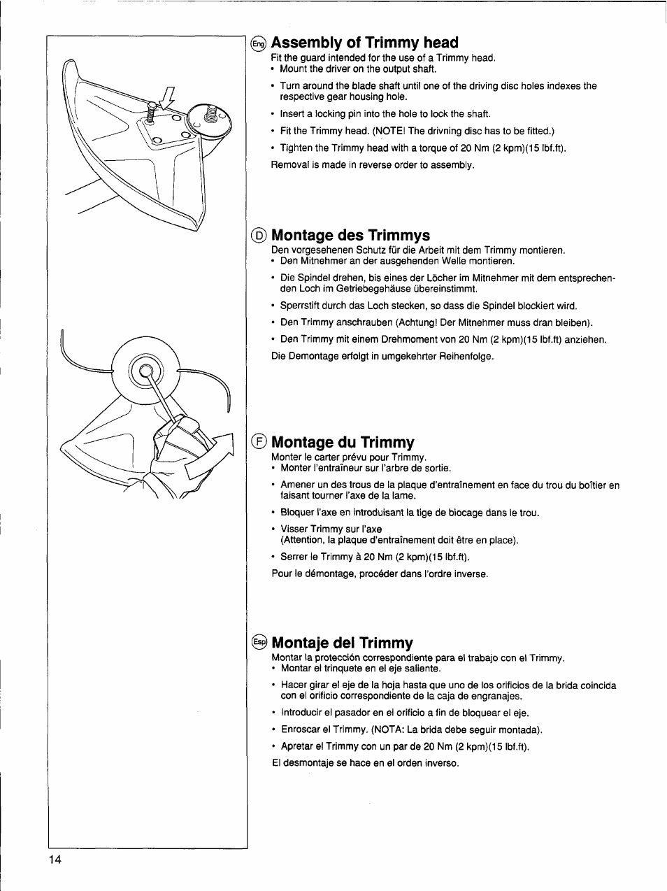 G) assembly of trimmy head, Montage des trimmys, Montage du trimmy | 0 montaje del trimmy | Husqvarna 26 R User Manual | Page 13 / 33