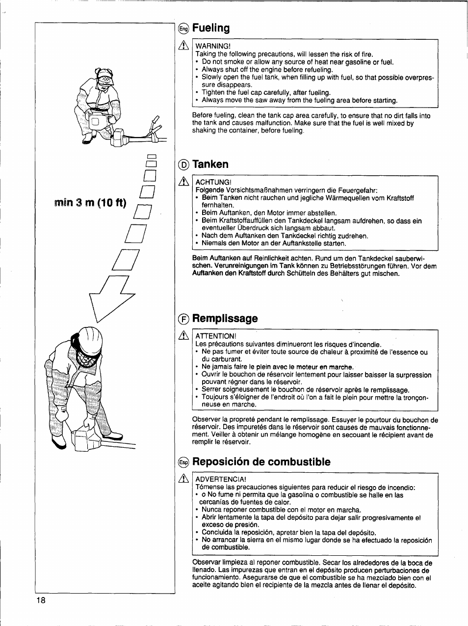 G) fueling a, Tanken a, 0 remplissage | 0 reposición de combustibie | Husqvarna 26 R User Manual | Page 17 / 33