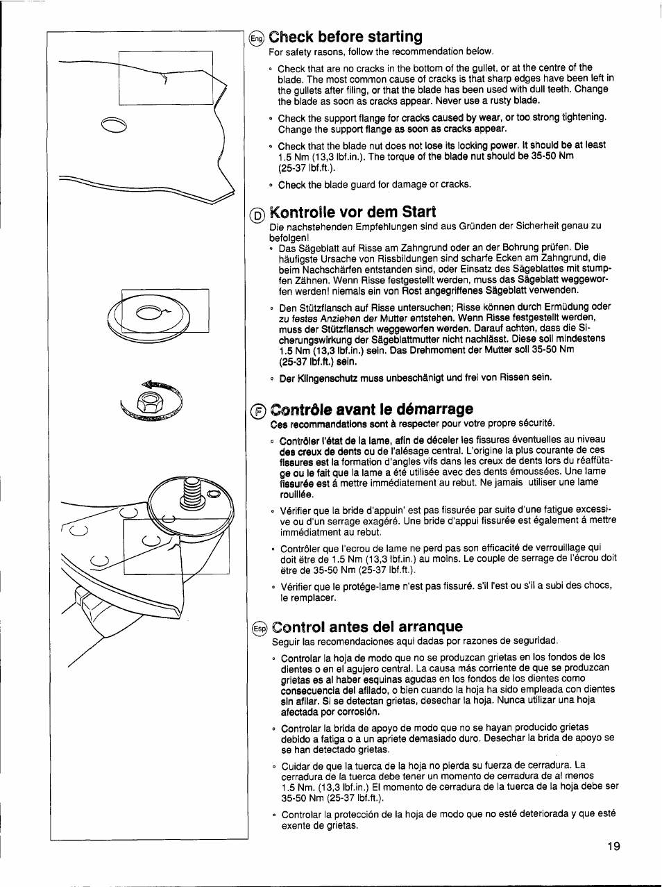 Eng] check before starting, Kontrolle vor dem start, 0 contrôle avant le démarrage | 0 control antes del arranque | Husqvarna 26 R User Manual | Page 18 / 33