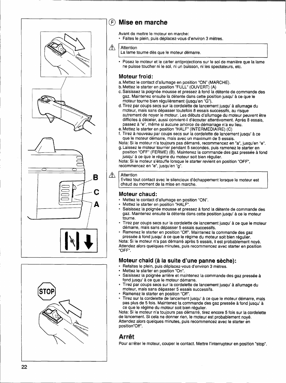 0 mise en marche, Arrêt | Husqvarna 26 R User Manual | Page 21 / 33