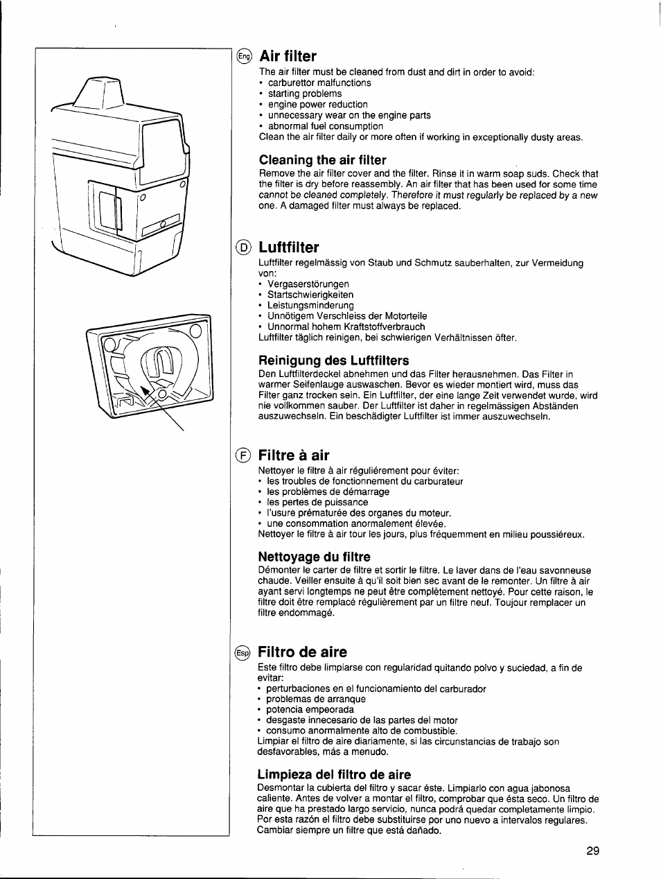 Cleaning the air filter, Reinigung des luftfilters, Nettoyage du filtre | Limpieza del filtro de aire, Air filter, Luftfilter, Filtre à air, Filtro de aire | Husqvarna 26 R User Manual | Page 28 / 33