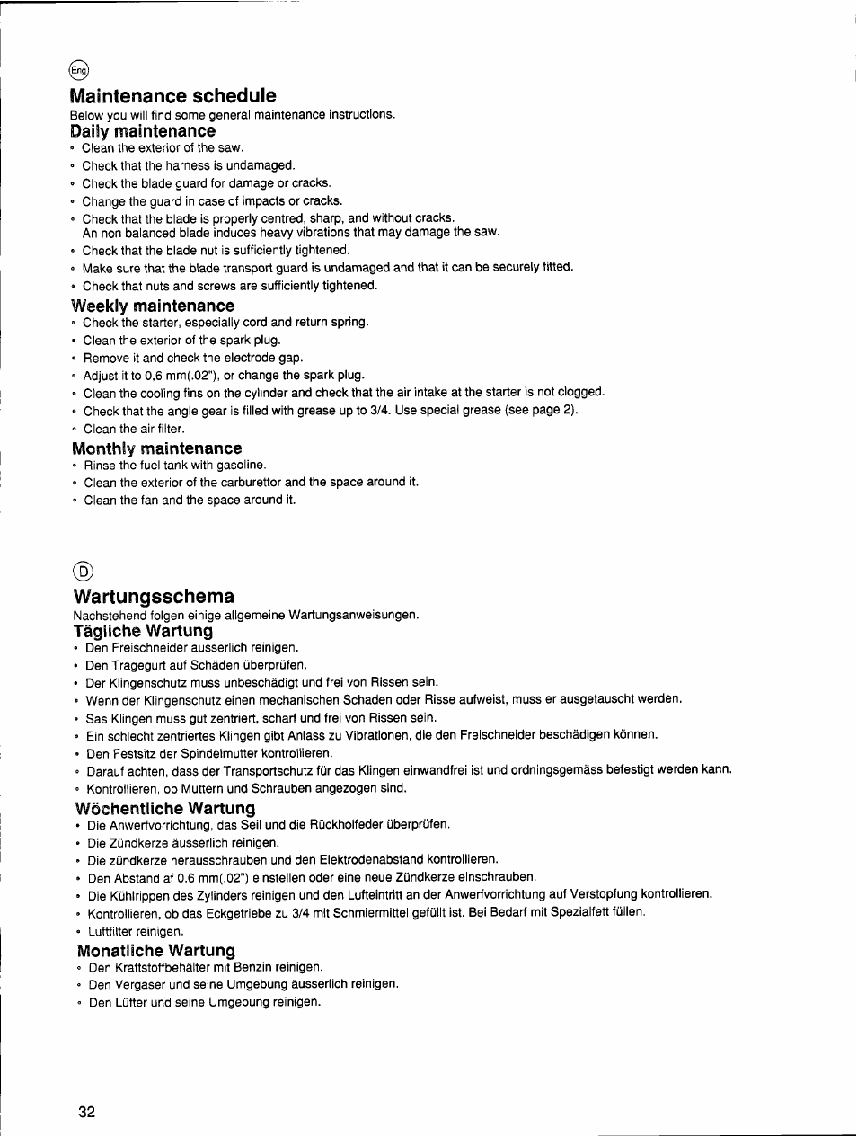 Daily maintenance, Weekly maintenance, Monthly maintenance | Tägliche wartung, Wöchentliche wartung, Monatliche wartung, Maintenance schedule, Wartungsschema | Husqvarna 26 R User Manual | Page 31 / 33