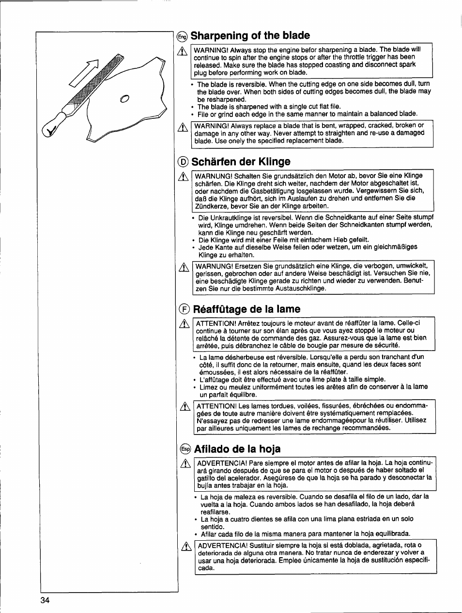 0 sharpening of the blade, Schärfen der klinge, Réaffûtage de la lame | 0 afilado de la hoja | Husqvarna 26 R User Manual | Page 33 / 33