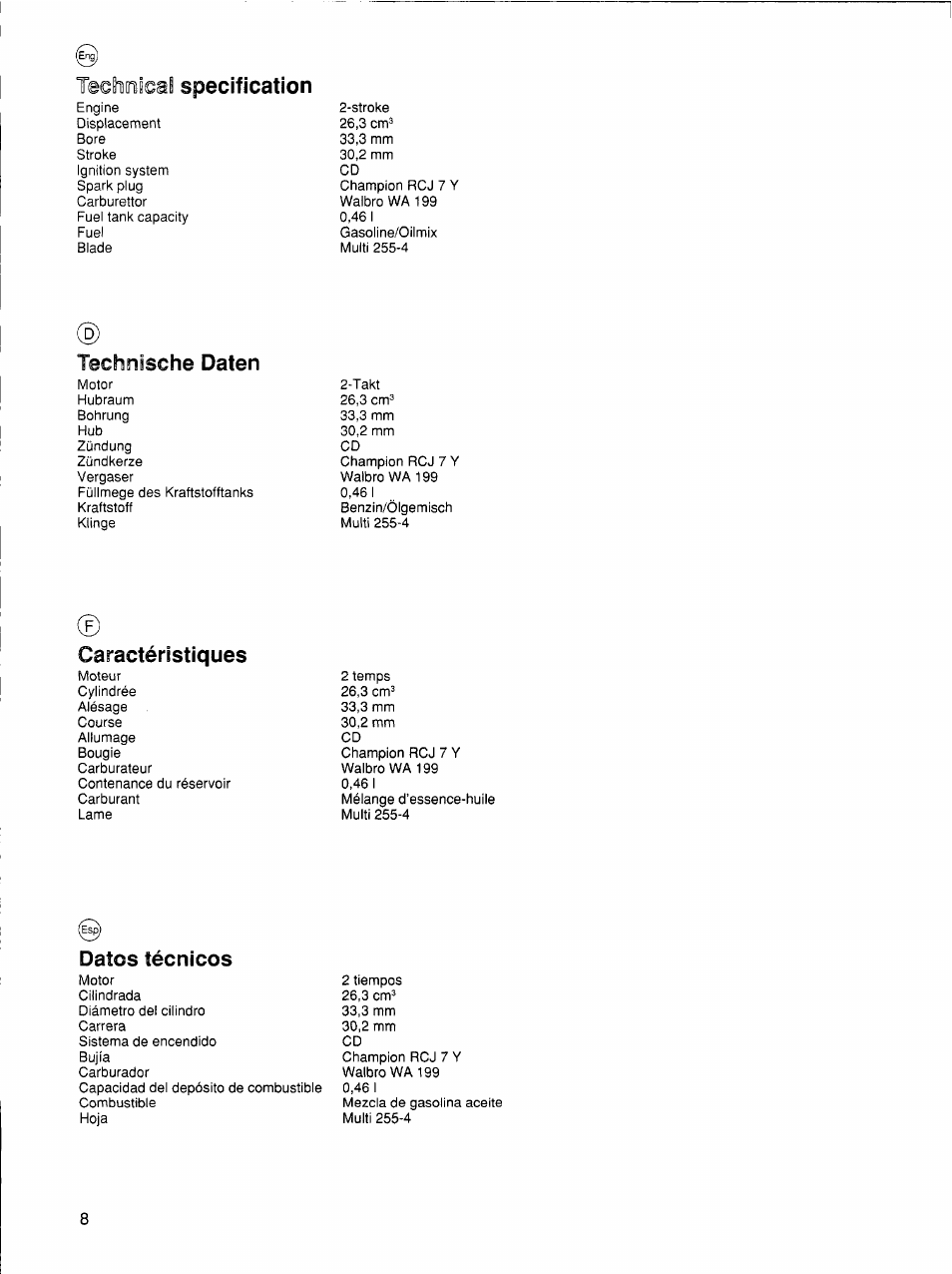 Specification, Technische daten, Caractéristiques | Datos técnicos | Husqvarna 26 R User Manual | Page 7 / 33
