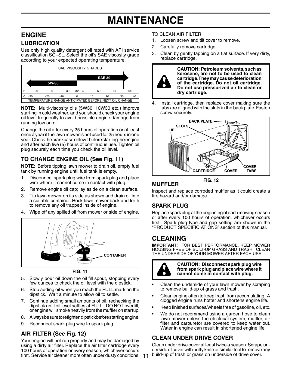 Maintenance, Engine, Cleaning | Lubrication, Air filter (see fig. 12), Muffler, Spark plug, Clean under drive cover | Husqvarna 917.37535 User Manual | Page 11 / 20