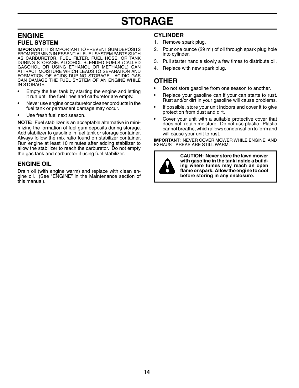 Storage, Engine, Other | Husqvarna 917.37535 User Manual | Page 14 / 20