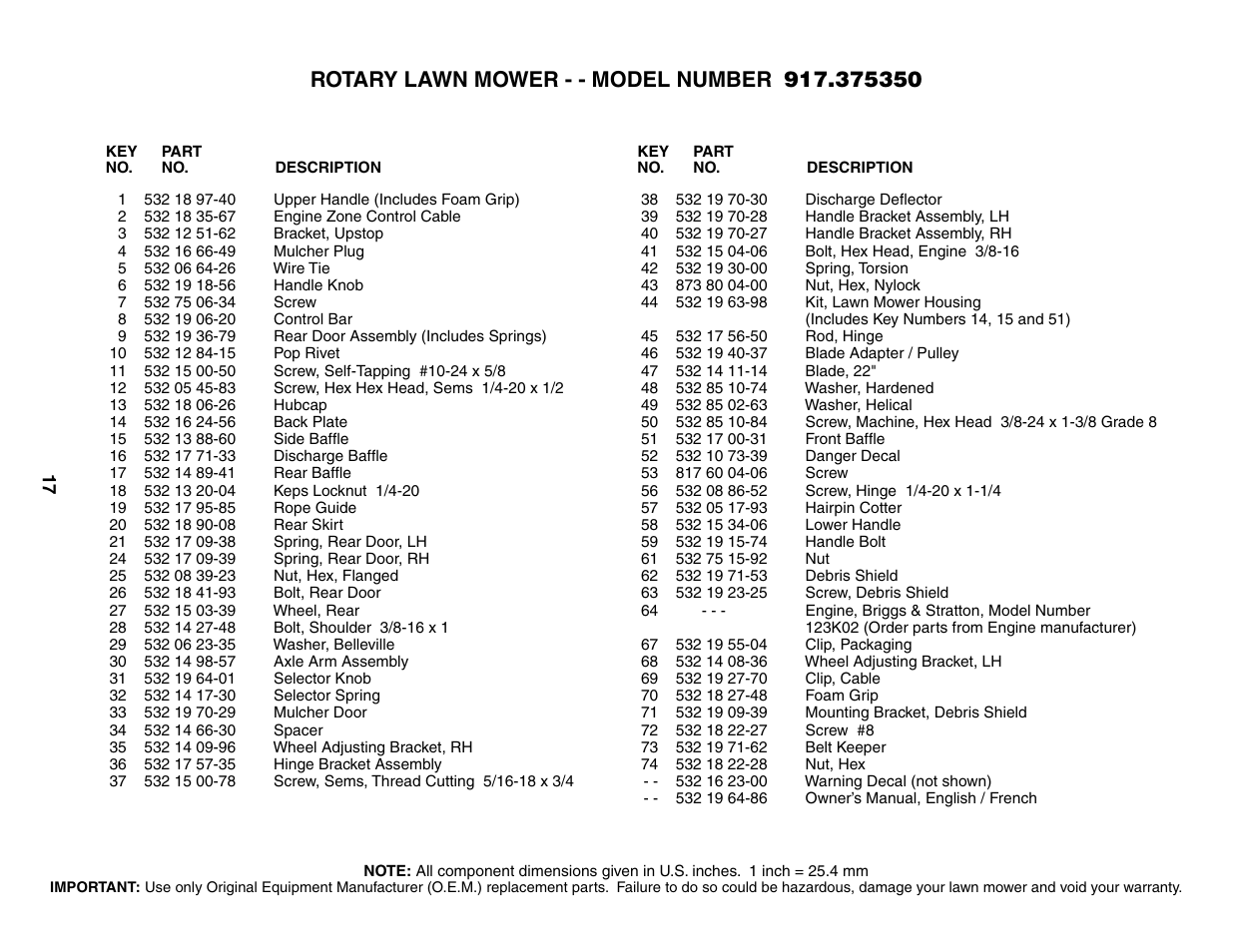 Parts list | Husqvarna 917.37535 User Manual | Page 17 / 20