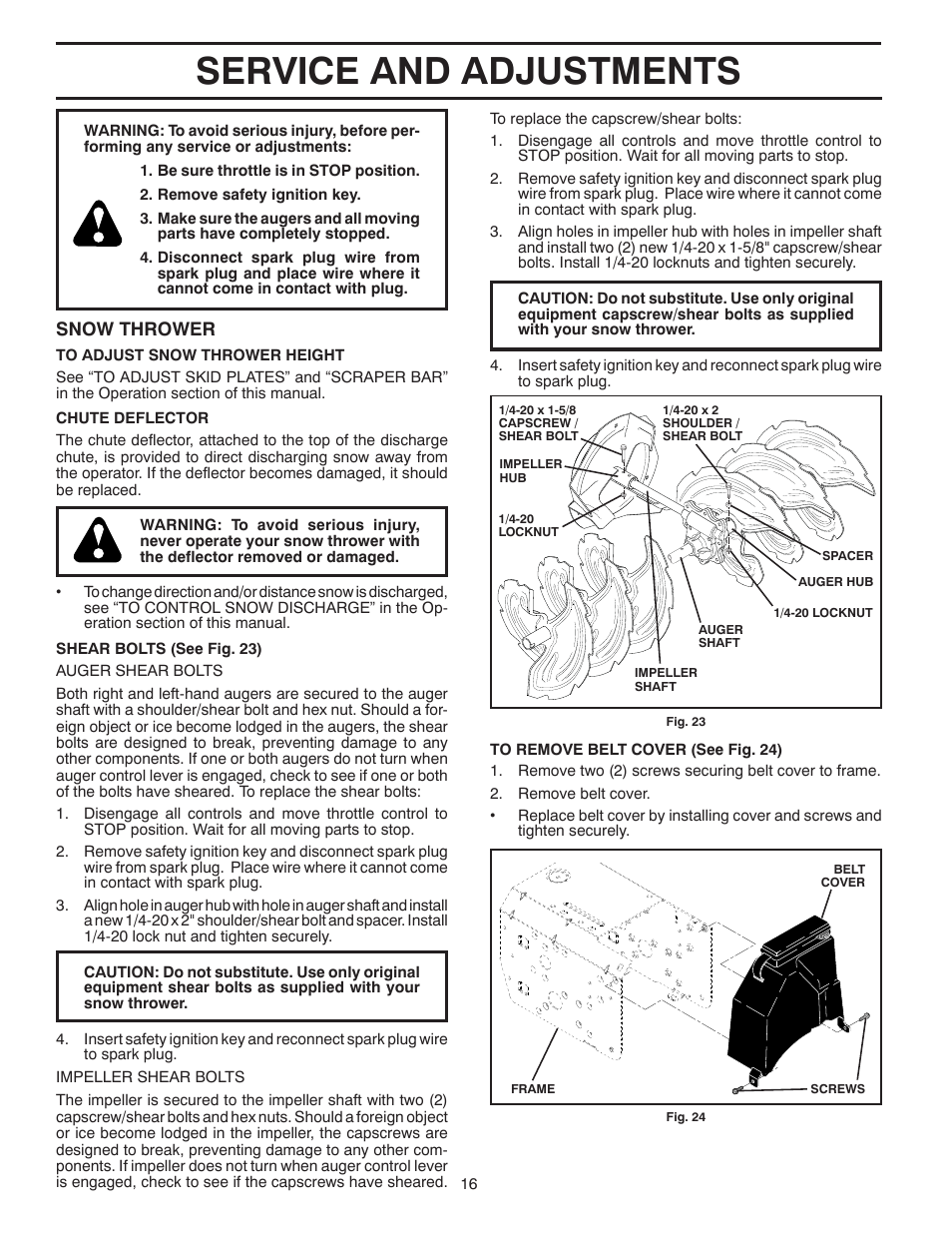 Service & adjustments, Service and adjustments, Snow thrower | Husqvarna 1130SB-XLSB User Manual | Page 16 / 40