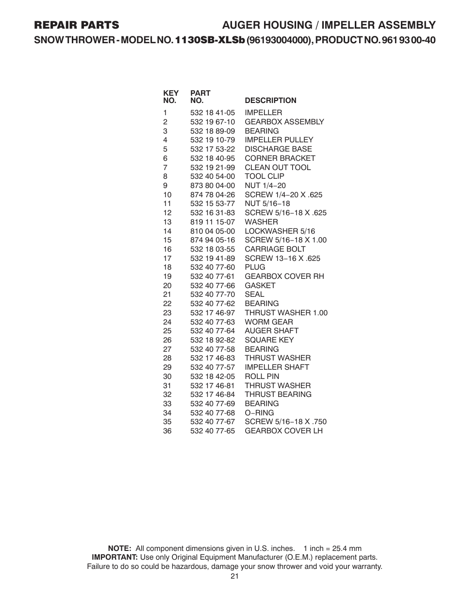 Repair parts auger housing / impeller assembly | Husqvarna 1130SB-XLSB User Manual | Page 21 / 40