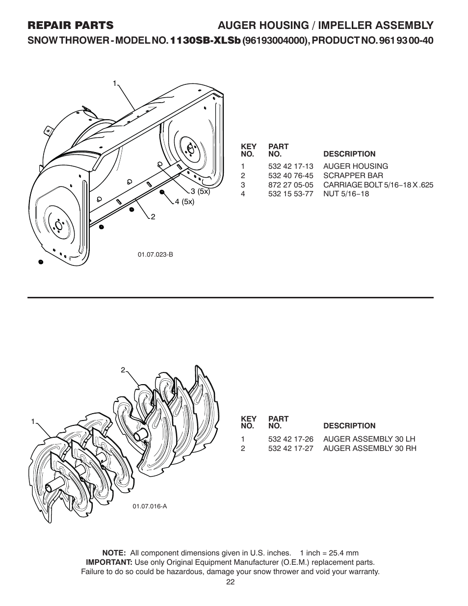 Auger housing / impeller assembly - b, Repair parts auger housing / impeller assembly | Husqvarna 1130SB-XLSB User Manual | Page 22 / 40