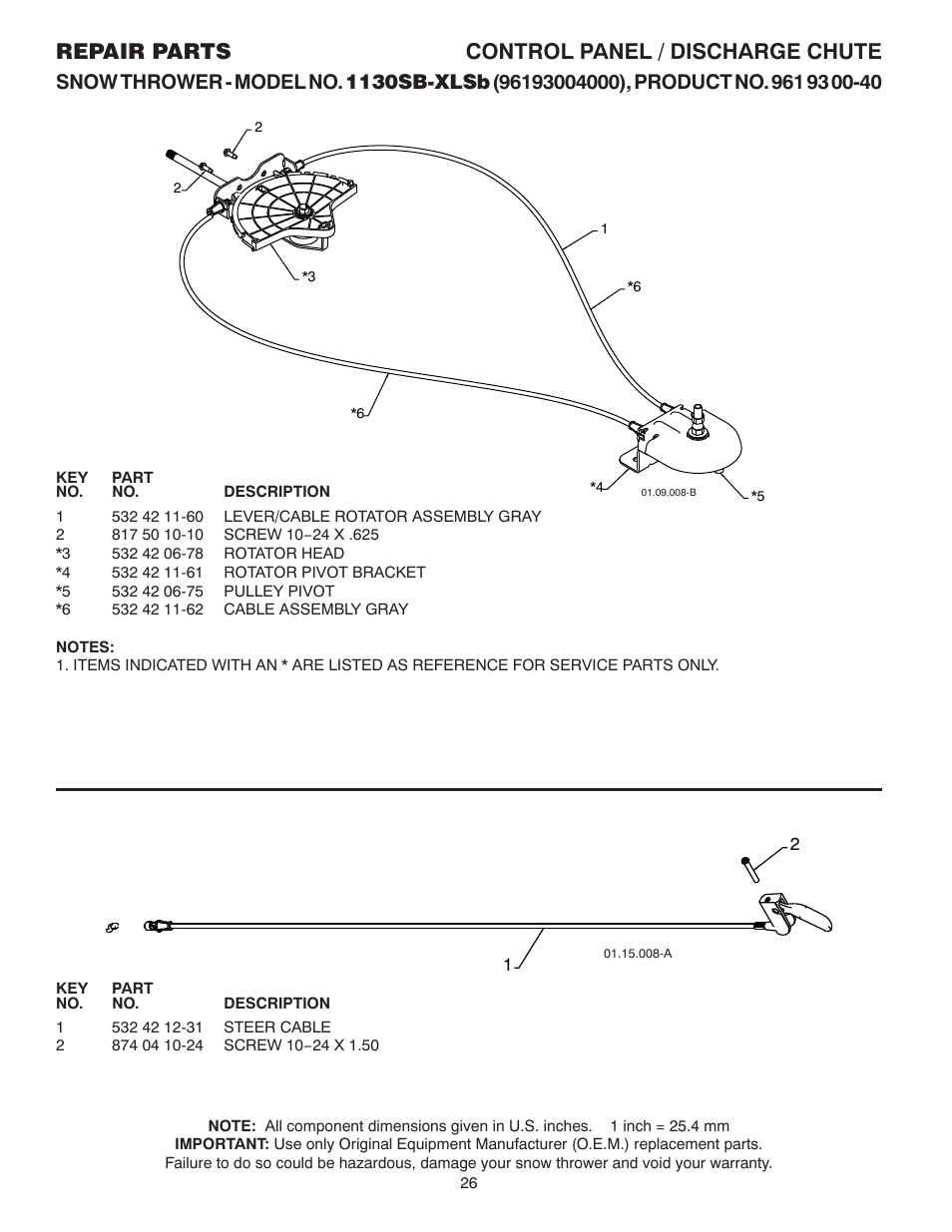 Control panel / discharge - b, Repair parts control panel / discharge chute | Husqvarna 1130SB-XLSB User Manual | Page 26 / 40