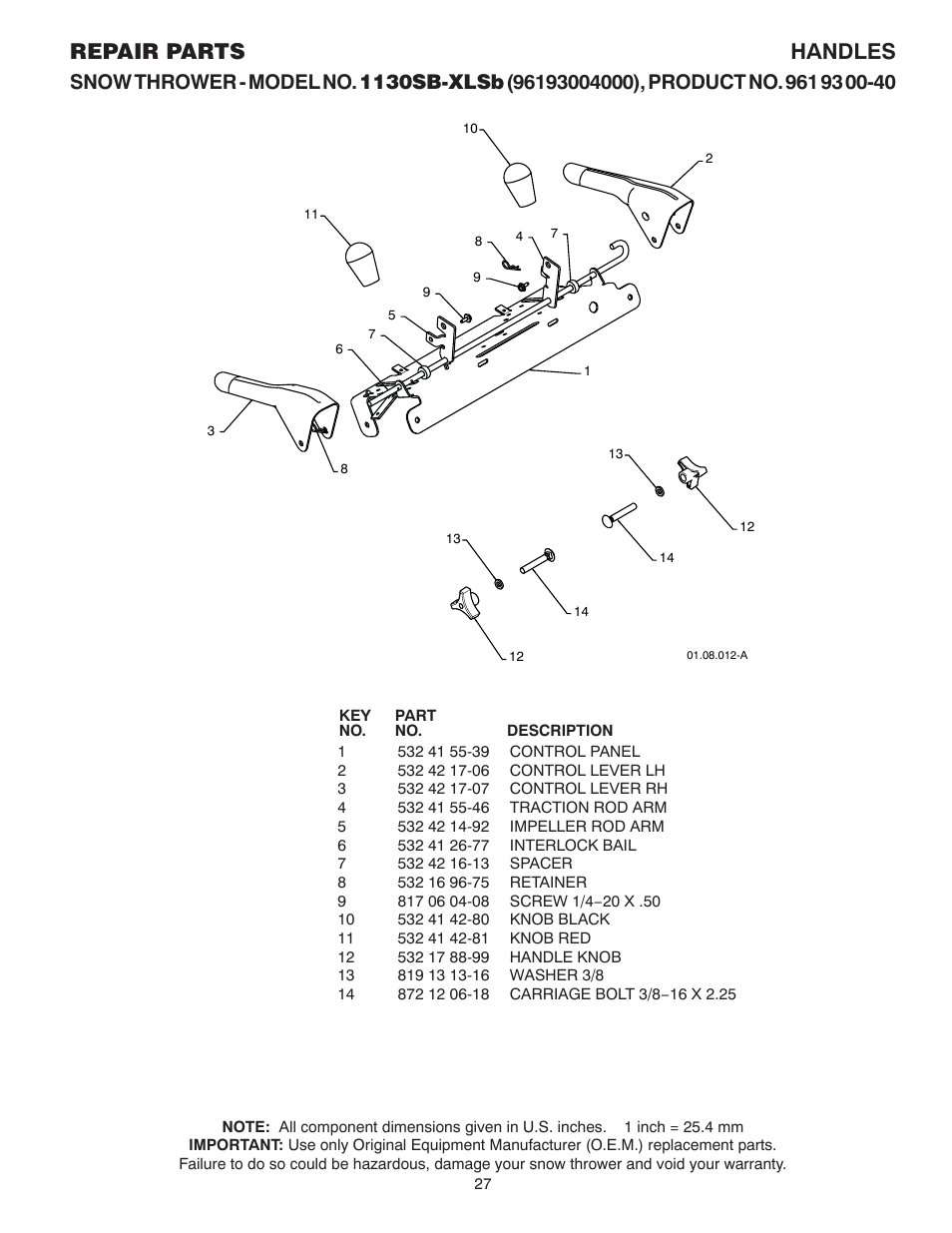 Handles - a, Repair parts handles | Husqvarna 1130SB-XLSB User Manual | Page 27 / 40