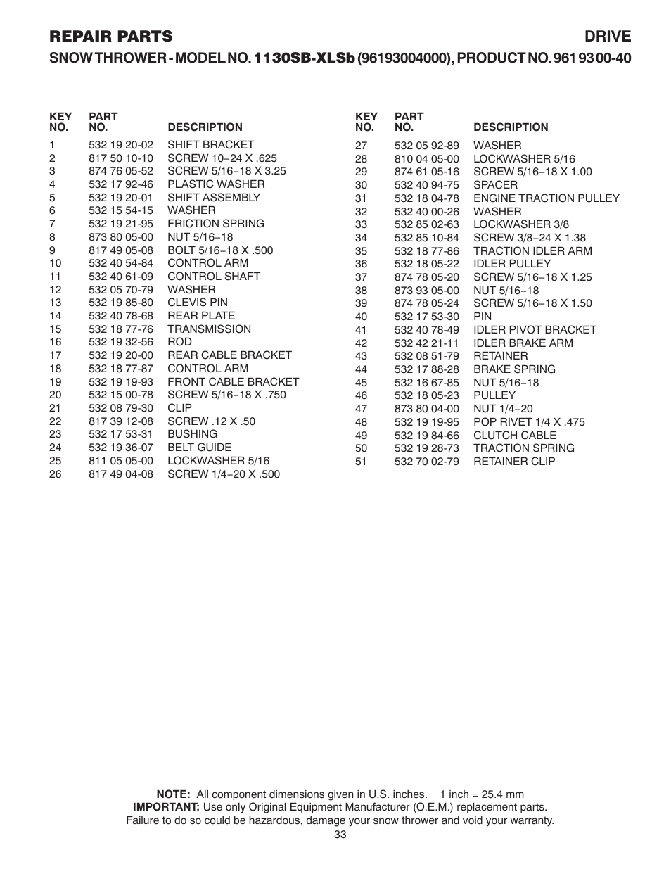 Drive - c, Repair parts drive | Husqvarna 1130SB-XLSB User Manual | Page 33 / 40