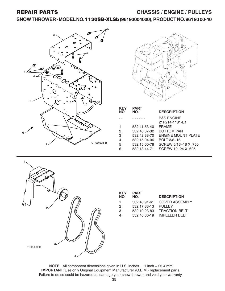 Chassis / engine / pulleys -a, Repair parts chassis / engine / pulleys | Husqvarna 1130SB-XLSB User Manual | Page 35 / 40