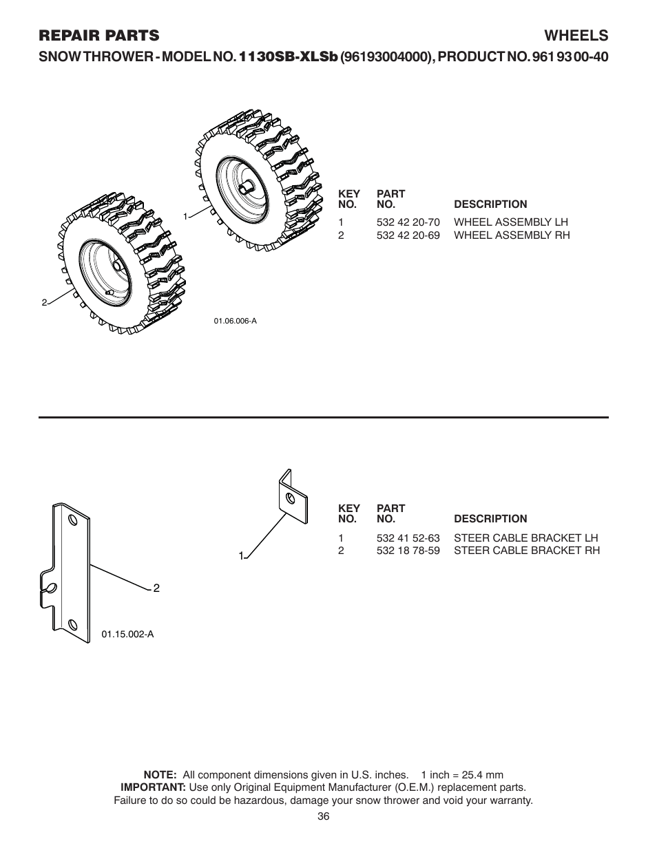 Wheels, Repair parts wheels | Husqvarna 1130SB-XLSB User Manual | Page 36 / 40