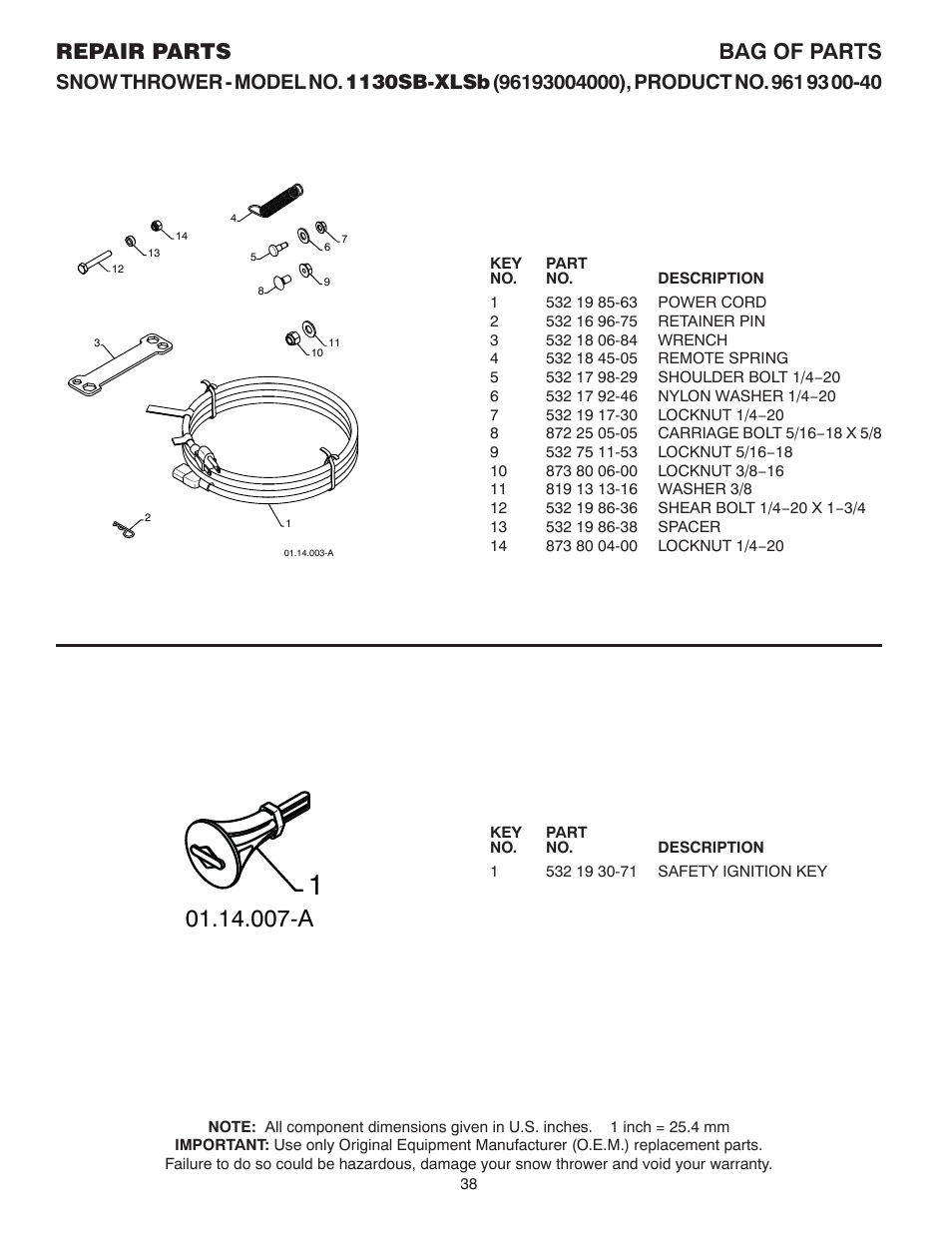 Spare parts, Repair parts bag of parts | Husqvarna 1130SB-XLSB User Manual | Page 38 / 40
