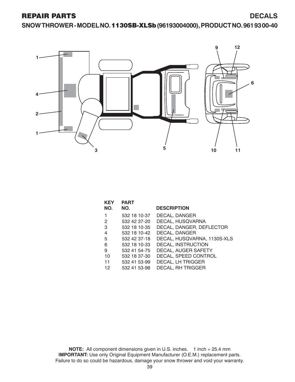 Decals, Repair parts decals | Husqvarna 1130SB-XLSB User Manual | Page 39 / 40