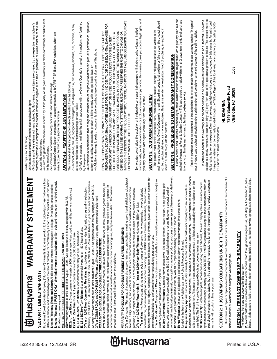 Warranty, Warranty st a tement | Husqvarna 1130SB-XLSB User Manual | Page 40 / 40