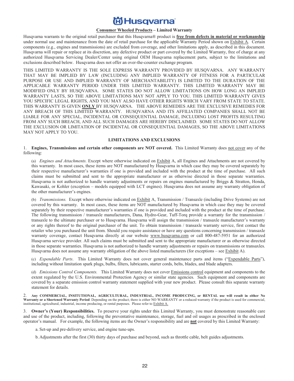 Limited warranty | Husqvarna 16530-XLS User Manual | Page 22 / 28