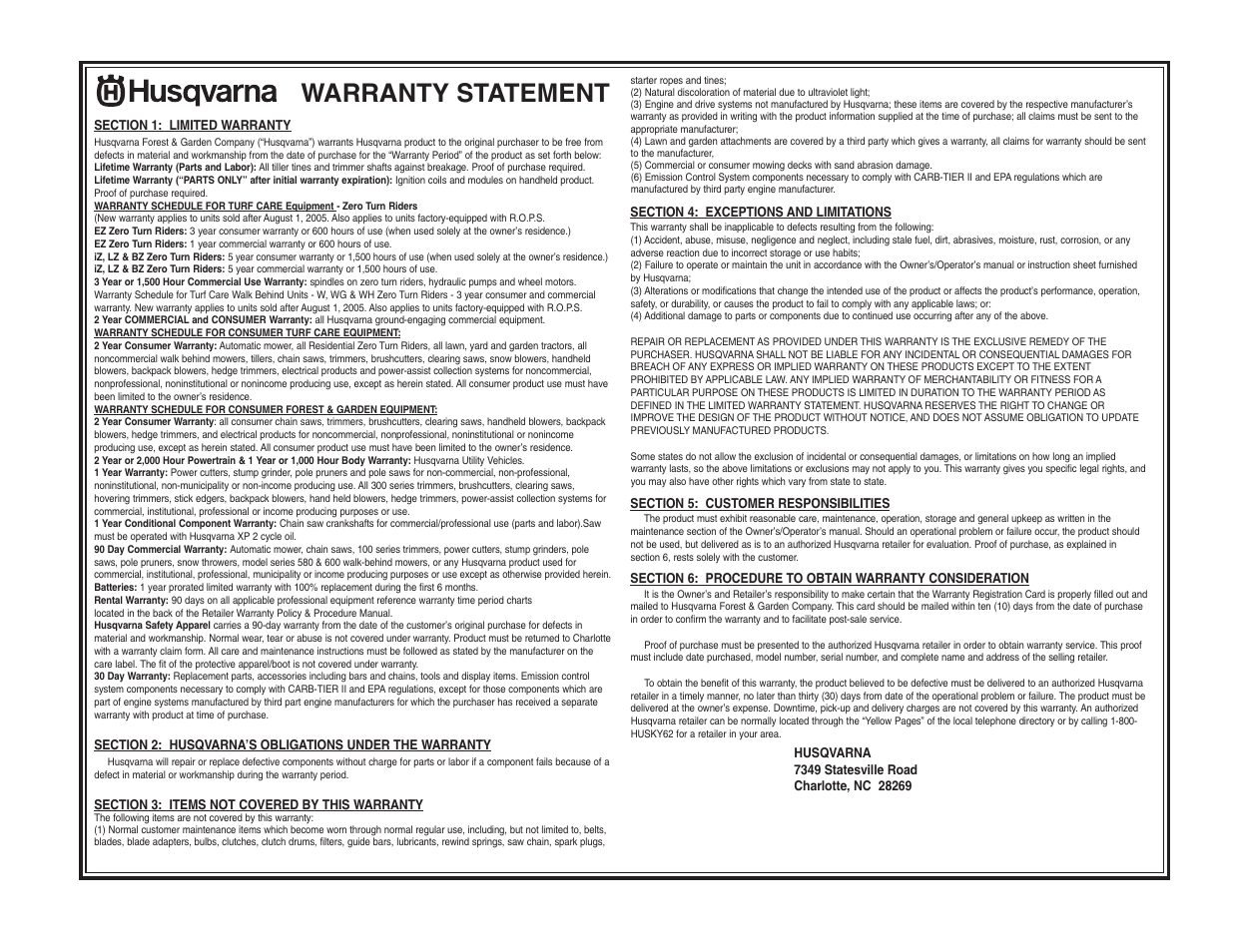 Warranty, Warranty statement | Husqvarna 67521 ES User Manual | Page 21 / 21