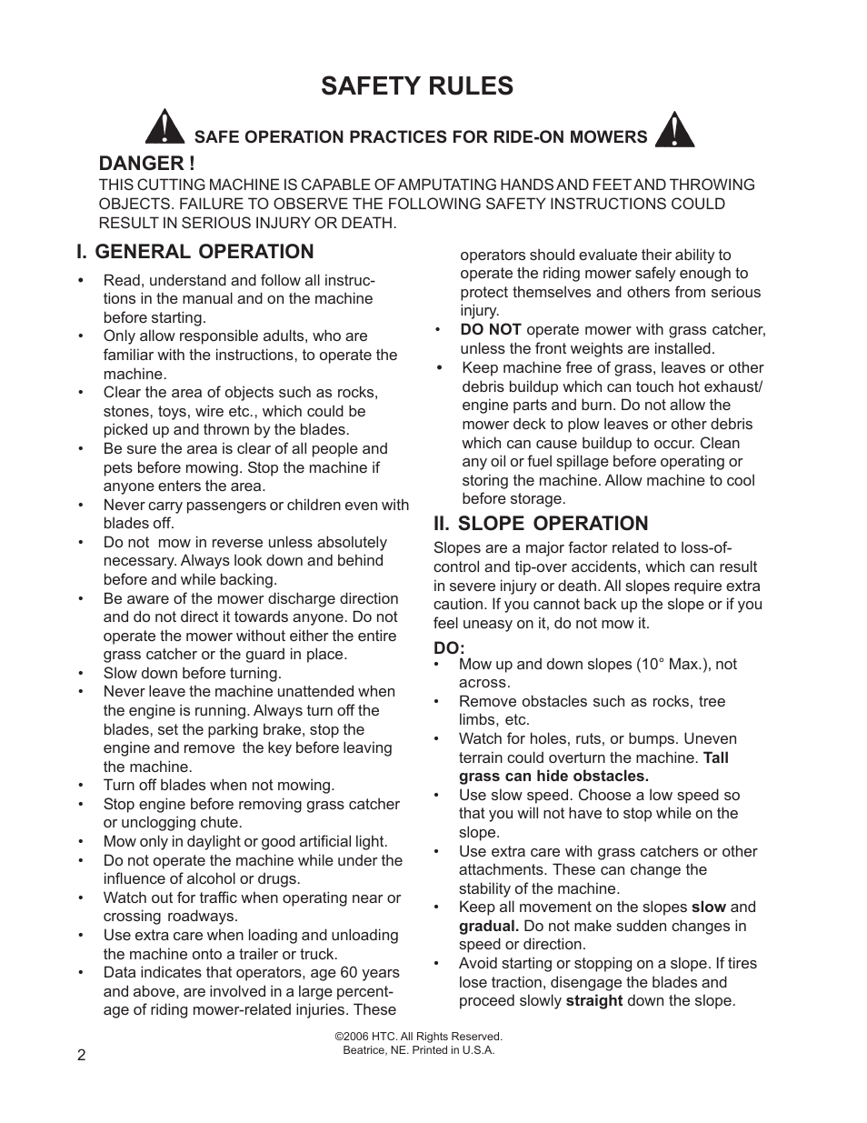 Safety rules, Danger, I. general operation | Ii. slope operation | Husqvarna 968999515 User Manual | Page 2 / 17