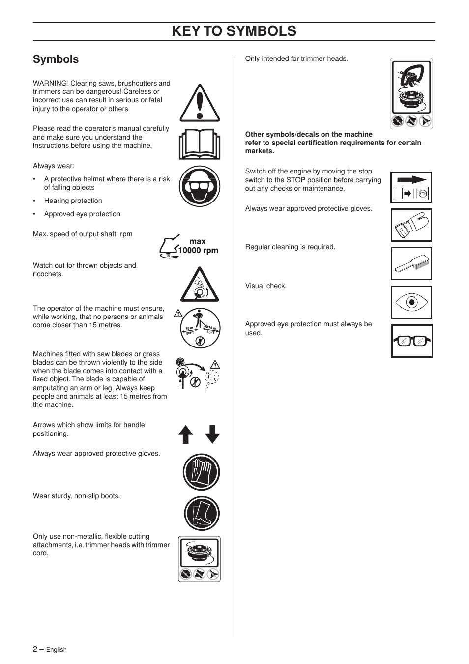 Symbols, Always wear, Hearing protection | Approved eye protection, Max. speed of output shaft, rpm, Watch out for thrown objects and ricochets, Arrows which show limits for handle positioning, Always wear approved protective gloves, Wear sturdy, non-slip boots, Only intended for trimmer heads | Husqvarna 326RJX User Manual | Page 2 / 32