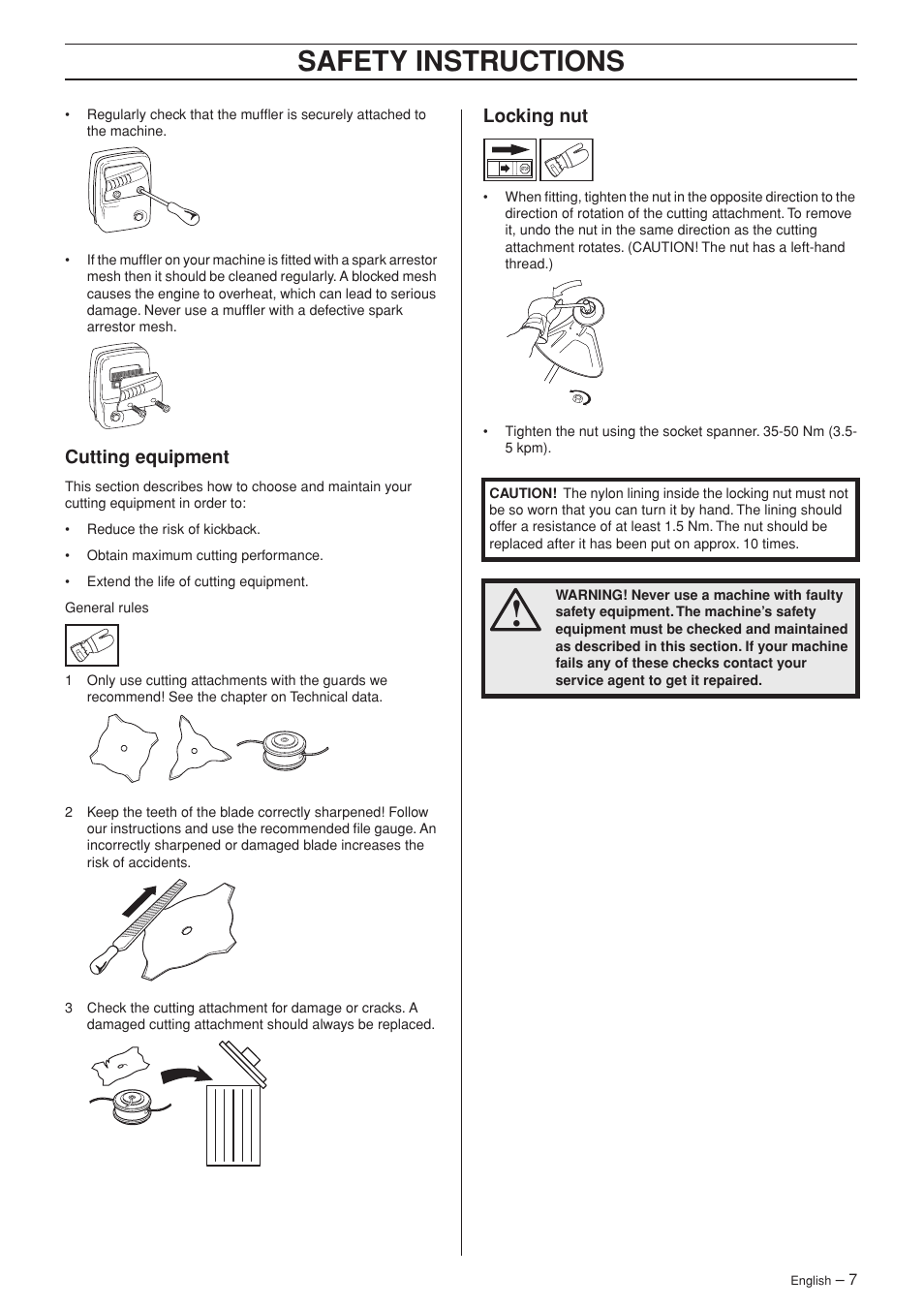 Cutting equipment, Reduce the risk of kickback, Obtain maximum cutting performance | Extend the life of cutting equipment, General rules, Locking nut, Safety instructions | Husqvarna 326RJX User Manual | Page 7 / 32