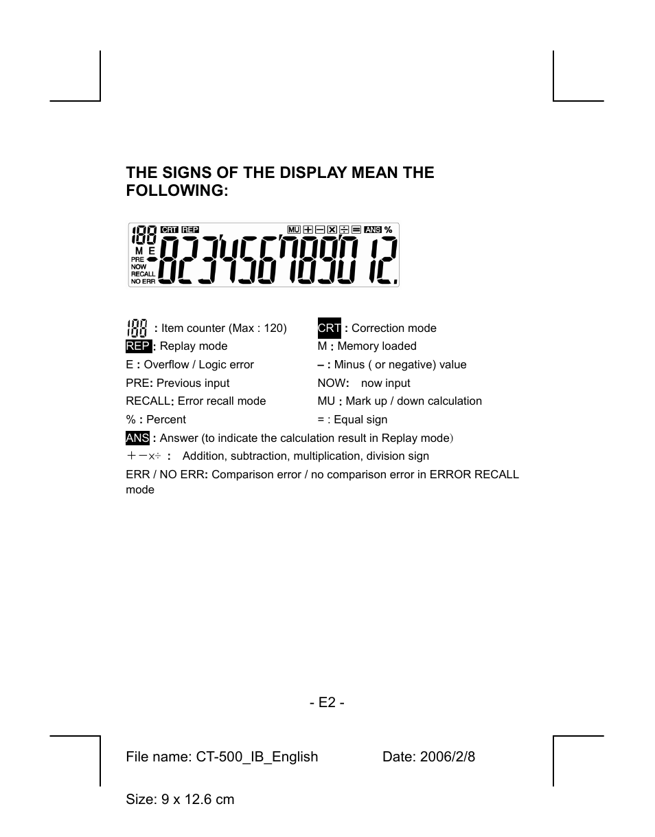 The signs of the display mean the following | CITIZEN CT-500J User Manual | Page 2 / 2