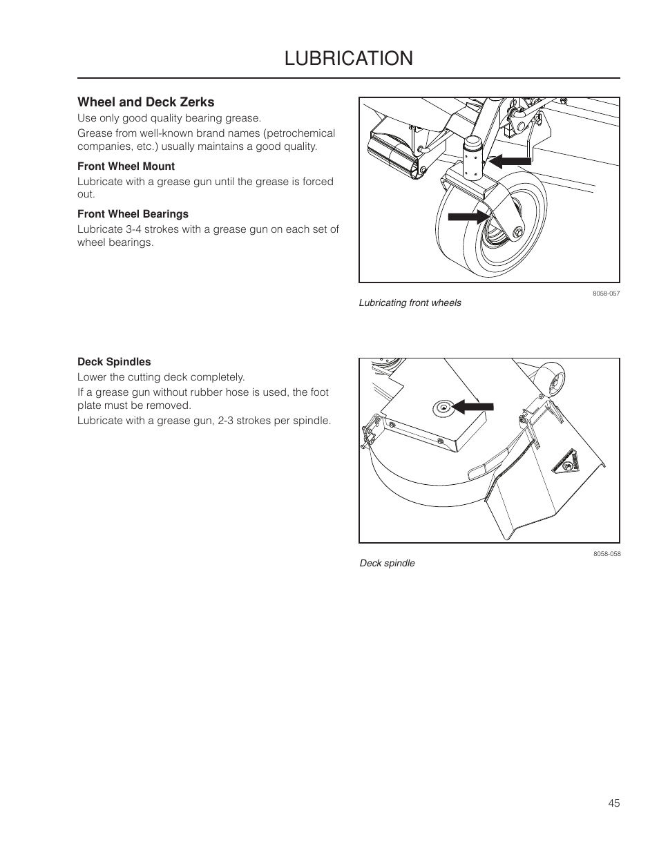 Wheel and deck zerks, Front wheel mount, Front wheel bearings | Deck spindles, Lubrication | Husqvarna 115 312526R1 User Manual | Page 45 / 64