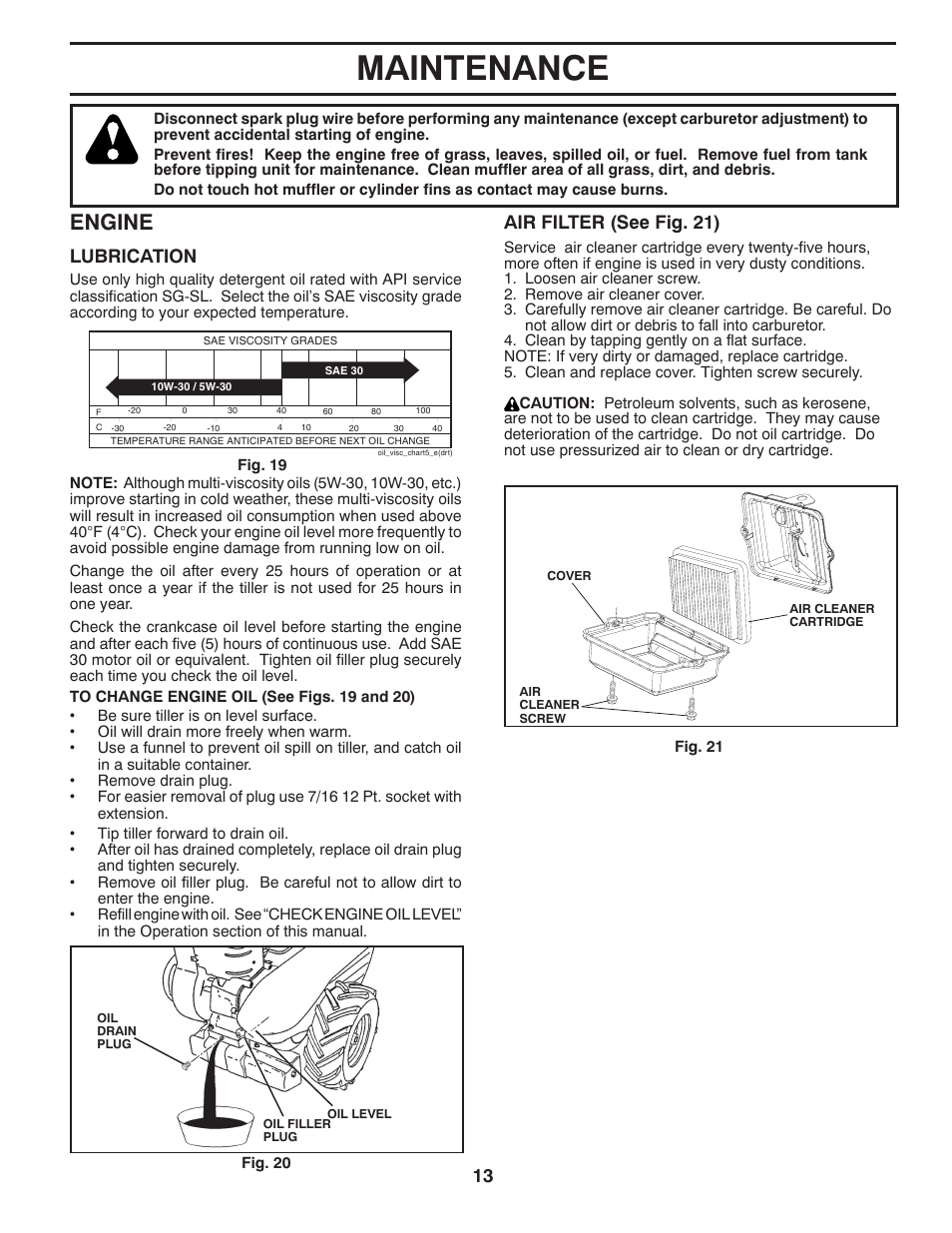 Maintenance, Engine, Lubrication | Air filter (see fig. 21) | Husqvarna DRT900E User Manual | Page 13 / 28