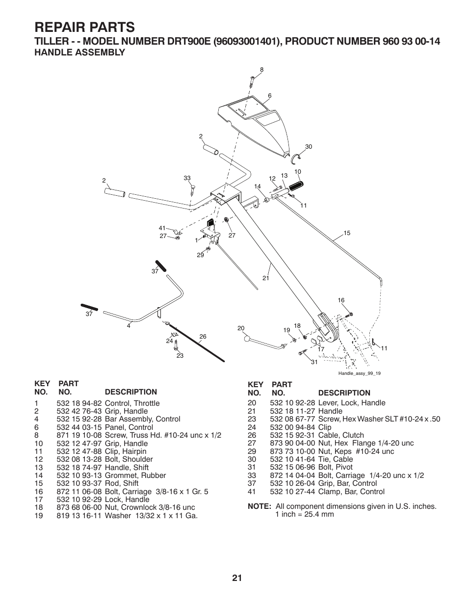 Repair parts, Handle assembly | Husqvarna DRT900E User Manual | Page 21 / 28