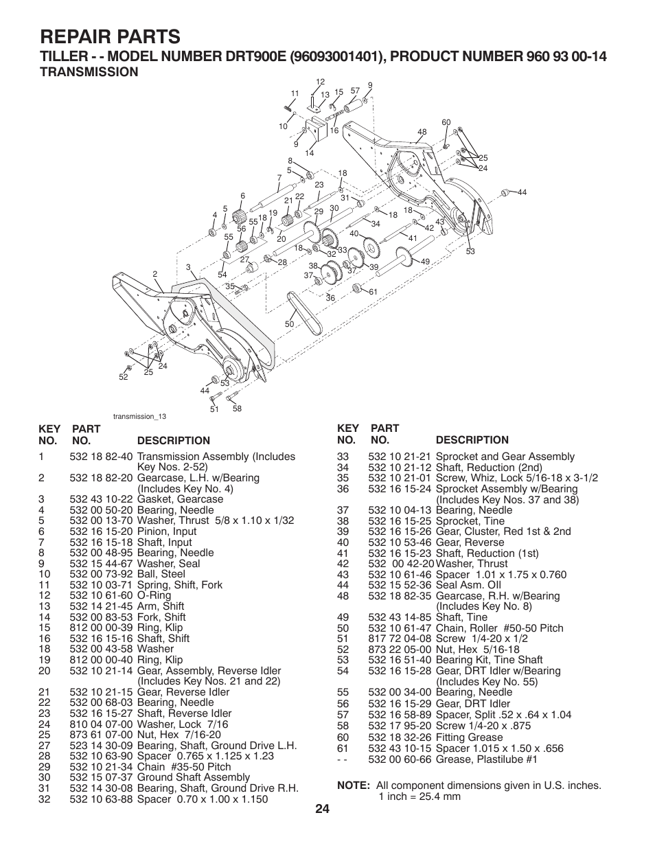 Transmission, Repair parts | Husqvarna DRT900E User Manual | Page 24 / 28