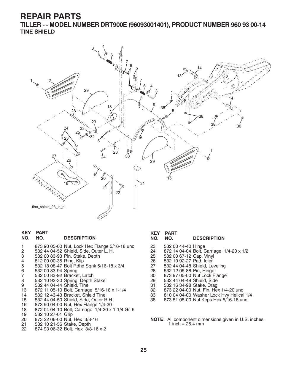 Tine shield, Repair parts | Husqvarna DRT900E User Manual | Page 25 / 28