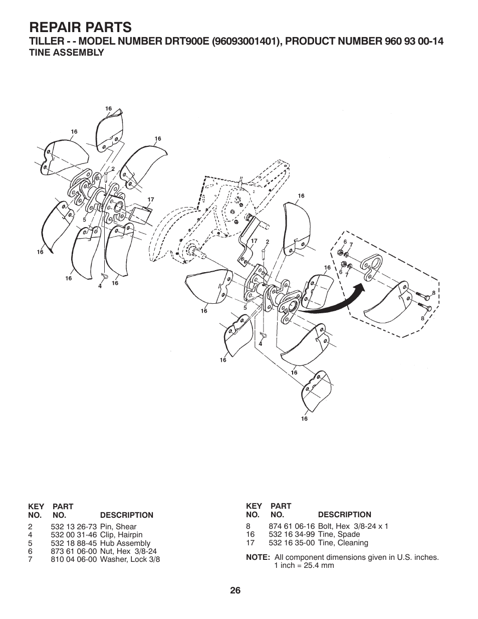 Tine assembly, Repair parts | Husqvarna DRT900E User Manual | Page 26 / 28