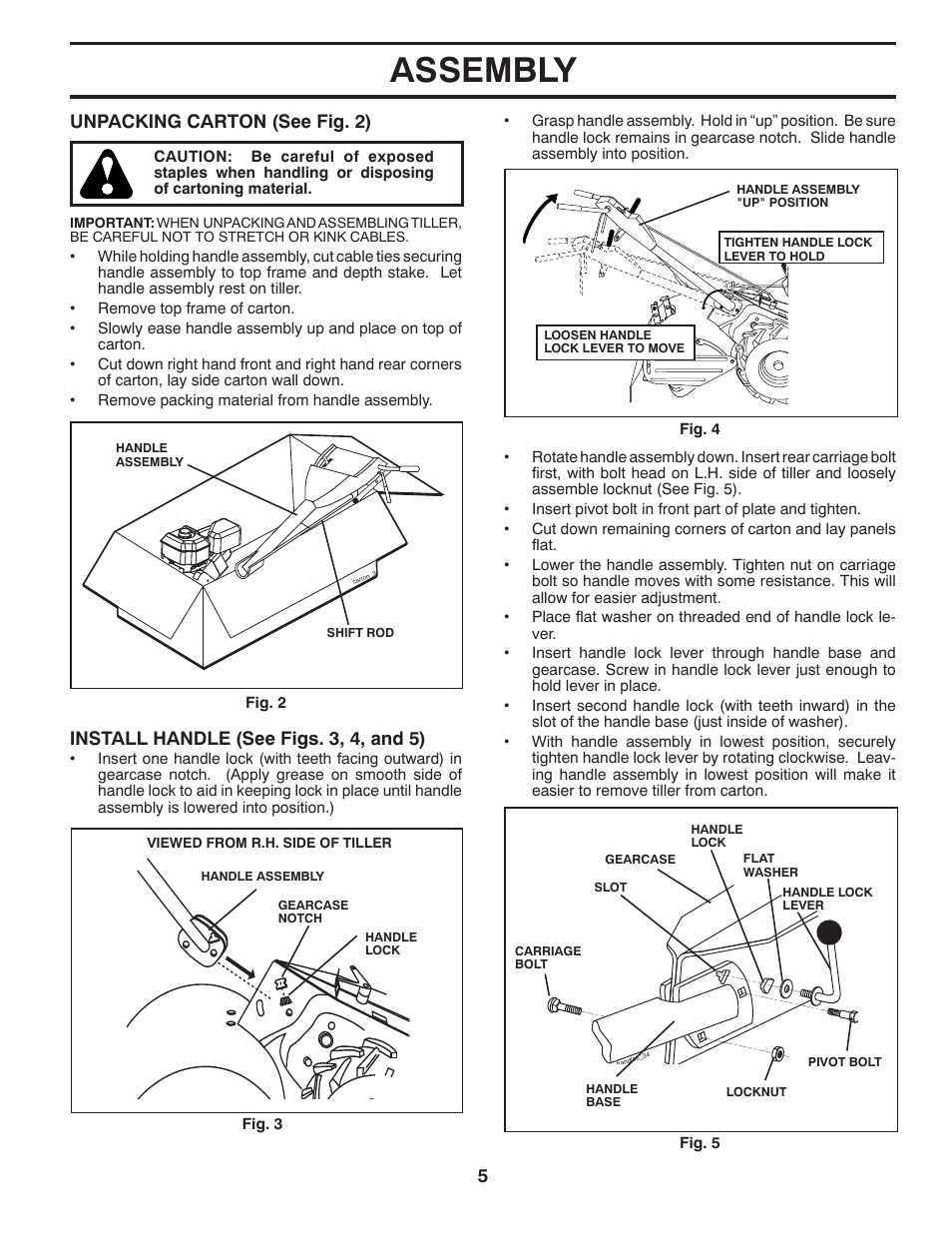Assembly, Unpacking carton (see fig. 2), Install handle (see figs. 3, 4, and 5) | Husqvarna DRT900E User Manual | Page 5 / 28