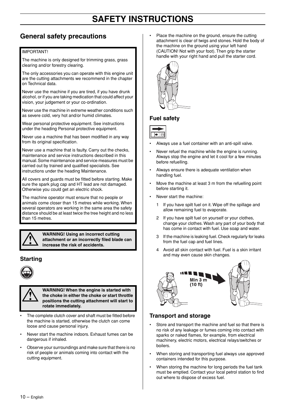 General safety precautions, Starting, Fuel safety | Transport and storage, Safety instructions | Husqvarna 324RX-Series User Manual | Page 10 / 36
