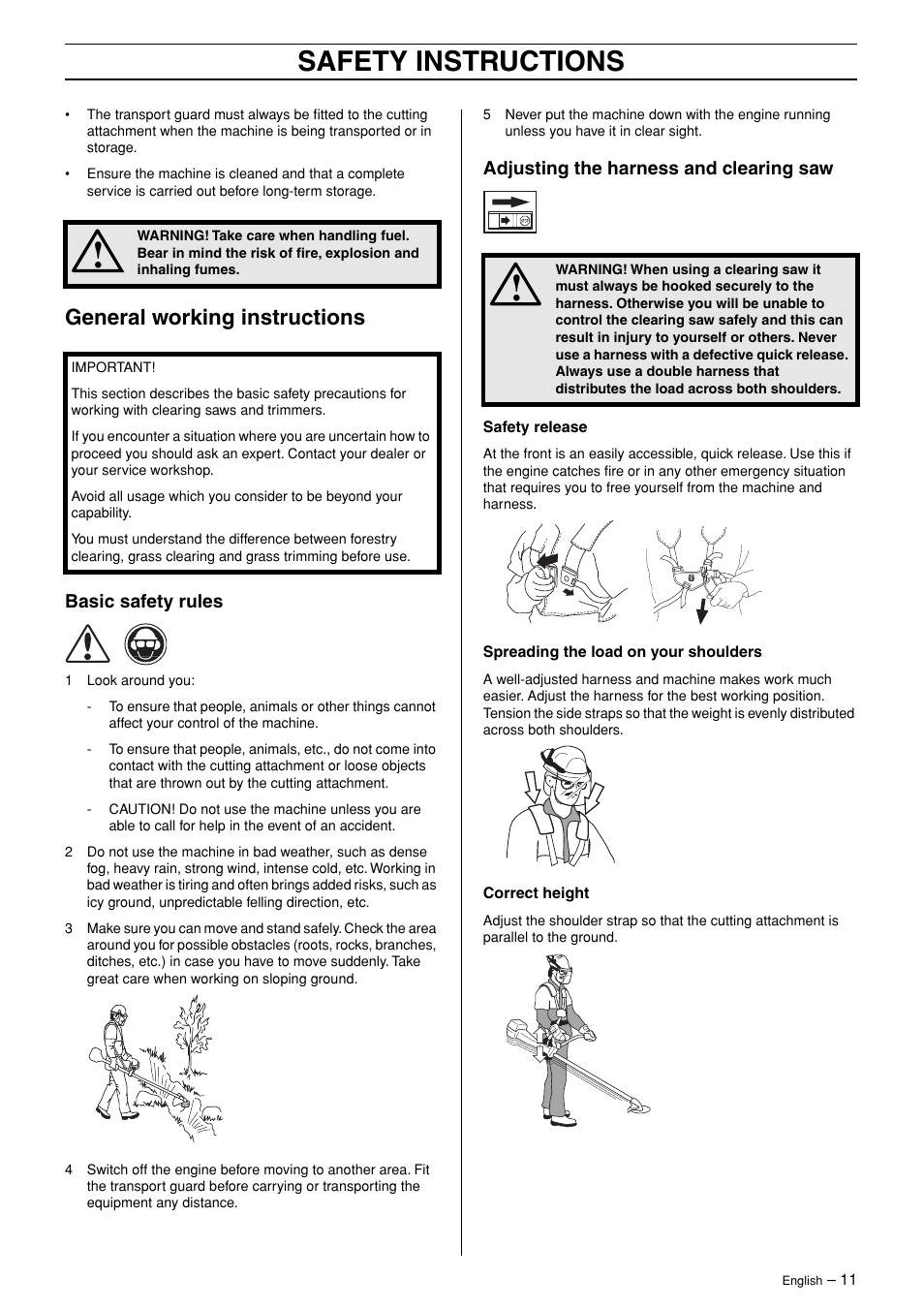 General working instructions, Basic safety rules, Adjusting the harness and clearing saw | Safety instructions | Husqvarna 324RX-Series User Manual | Page 11 / 36