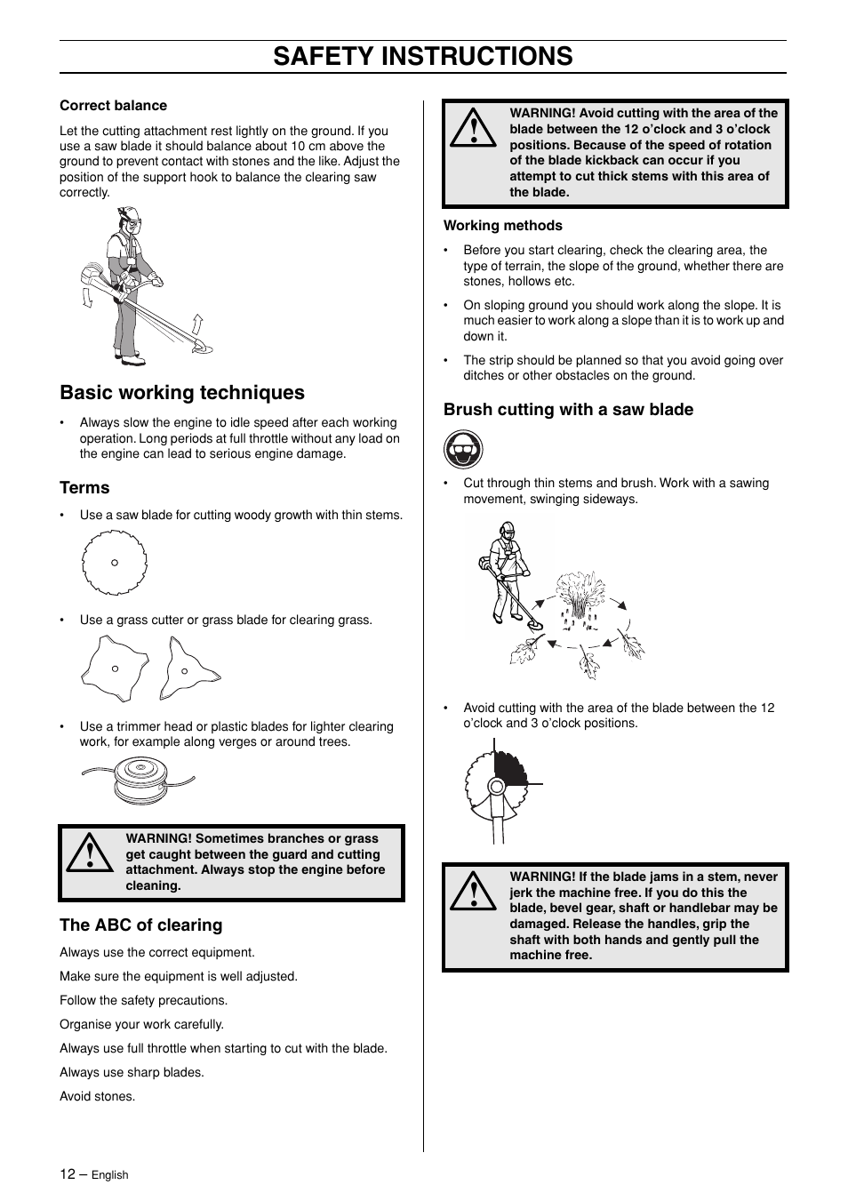 Basic working techniques, Terms, The abc of clearing | Brush cutting with a saw blade, Safety instructions | Husqvarna 324RX-Series User Manual | Page 12 / 36