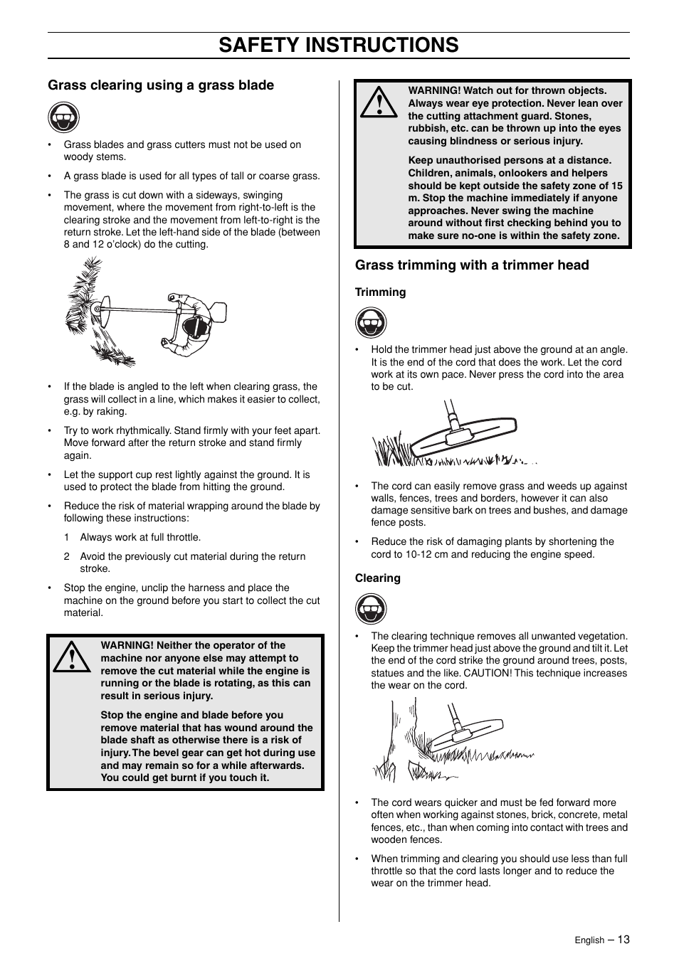 Grass clearing using a grass blade, Grass trimming with a trimmer head, Safety instructions | Husqvarna 324RX-Series User Manual | Page 13 / 36