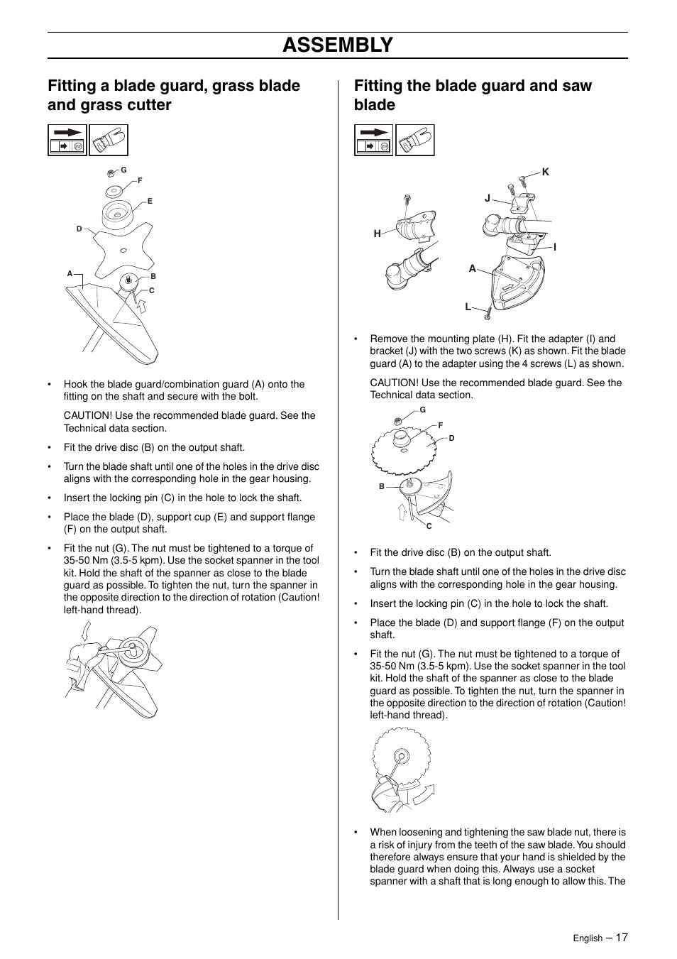 Fitting the blade guard and saw blade, Assembly | Husqvarna 324RX-Series User Manual | Page 17 / 36